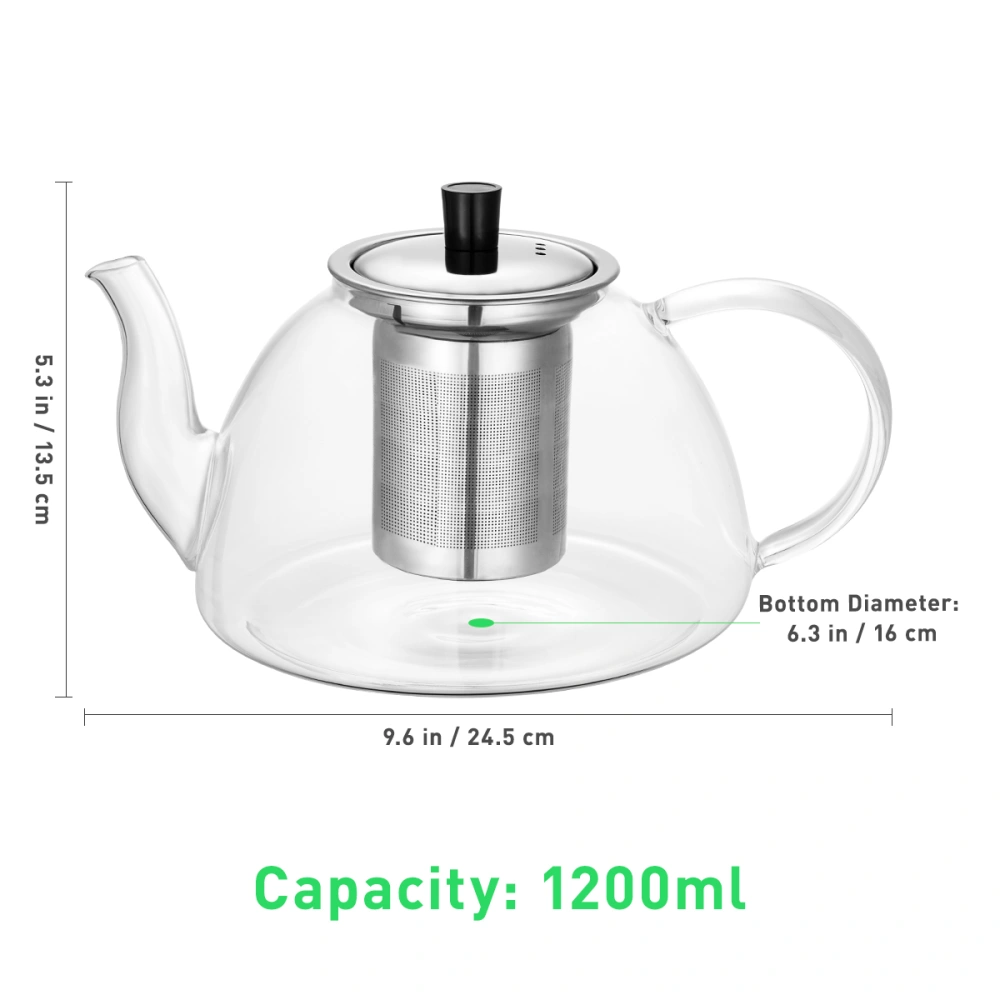 Hemoton 1200ml High Borosilicate Glass Teapot with Stainless Steel Infuser Tea Maker Set