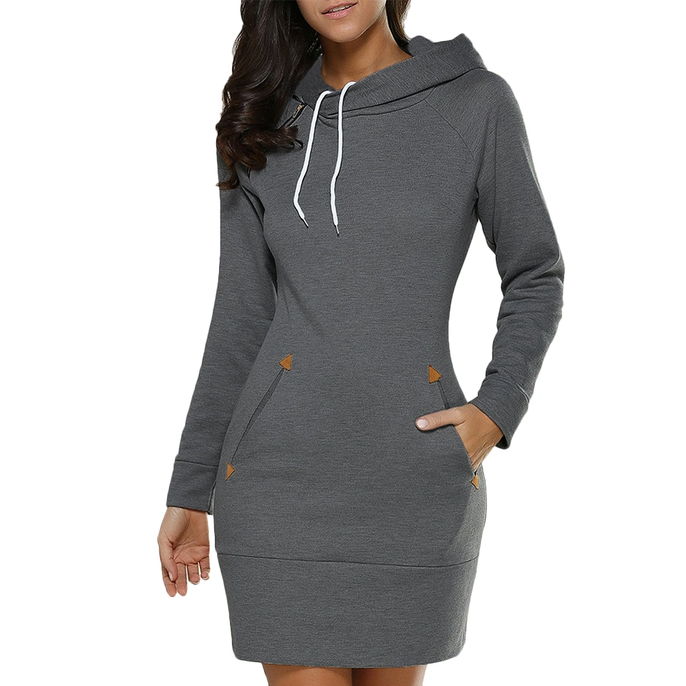 Women Solid Color Pullover Slim Sweatshirt Causal Hoodie Dress with Pocket - Size M (Dark Grey)