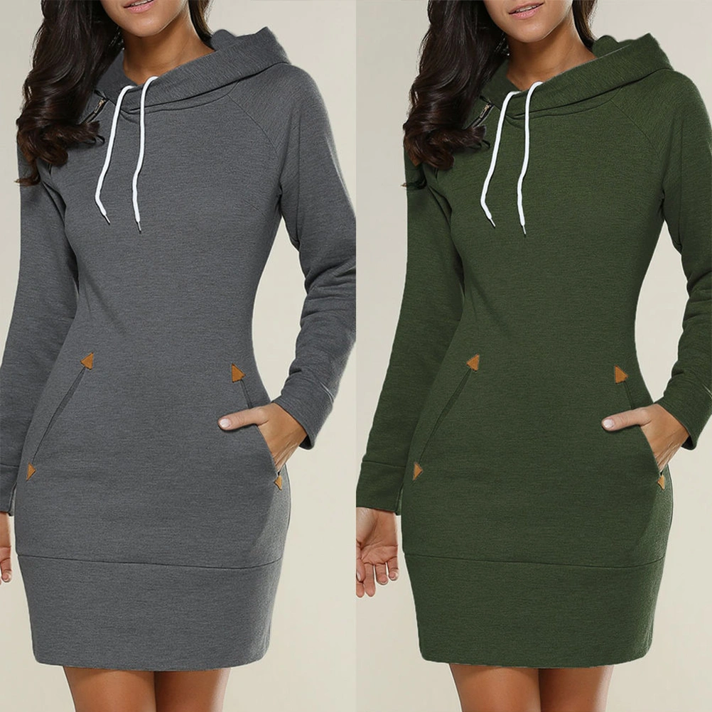 Women Solid Color Pullover Slim Sweatshirt Causal Hoodie Dress with Pocket - Size M (Dark Grey)