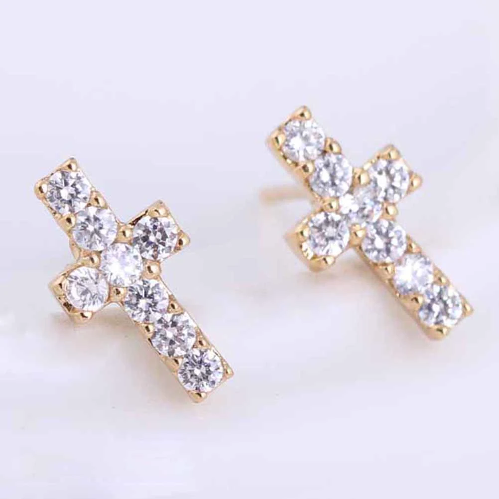 Pair of Cross Shaped Women's Girls Zircon Decored Eardrop Earrings Ear Studs (White)