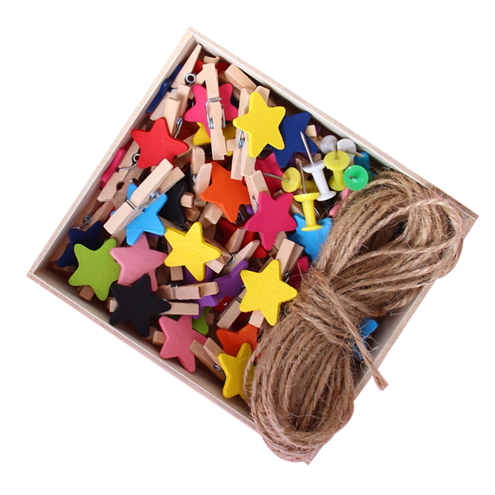 57pcs Box Packing Star Shaped Wood Clips Hemp Rope Photo Clips (Mixed Color)