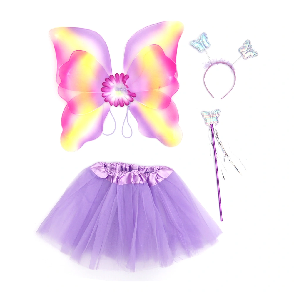 Glitter Double Layer Wing Wand Headband Dress Girl Fairy Kids Performance Stage Costume Set(Purple)