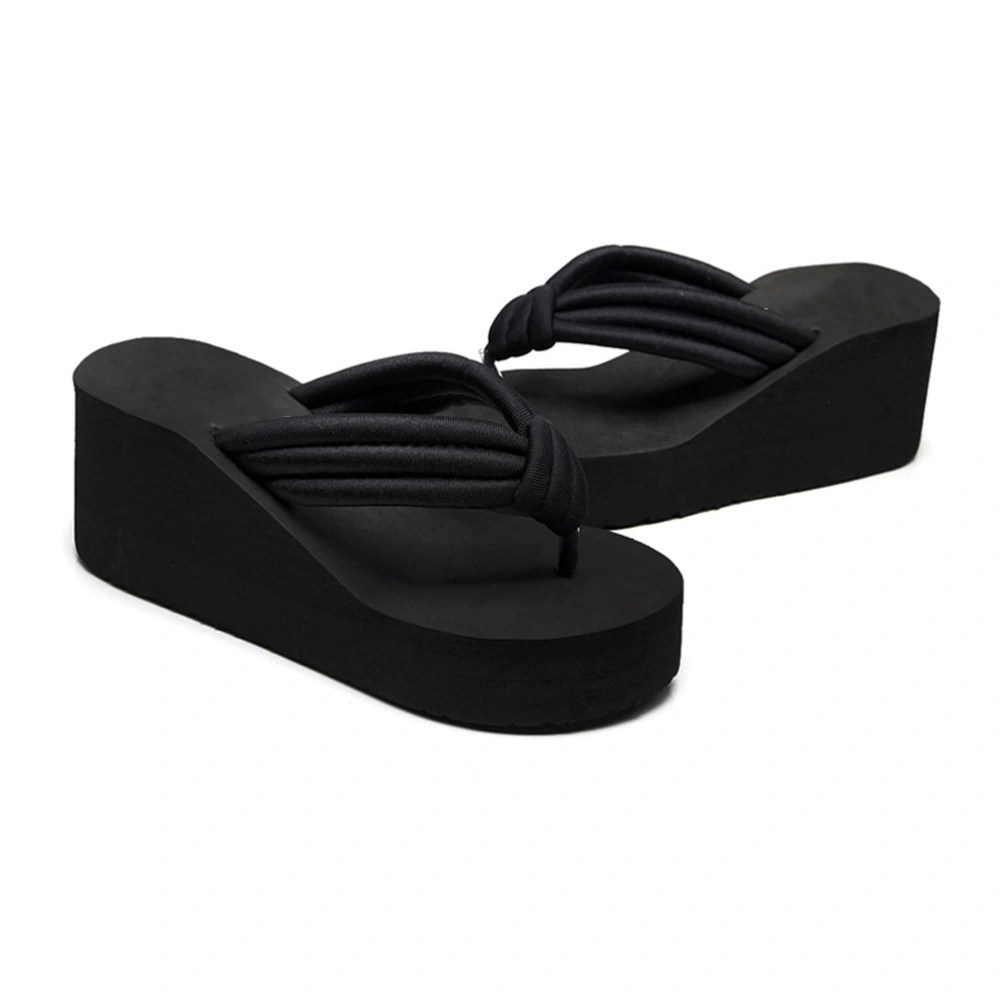 High Heel Platform Slippers Fashion Flops Slope Non-slip Resort Beach Black Knoted Sandals for Women Female(Size 39)