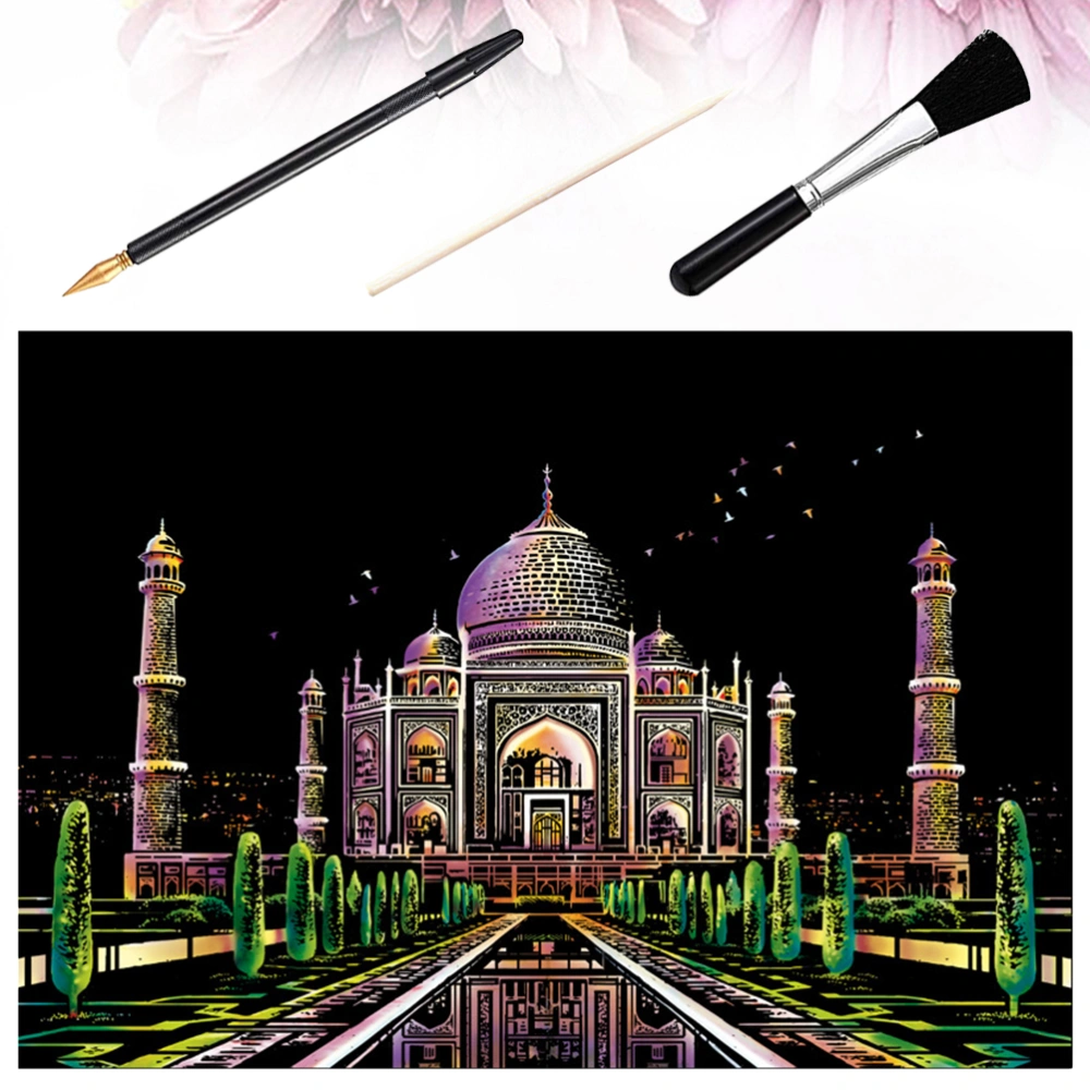 1 Set Scratch Painting Supplies DIY Taj Mahal Picture Scratch Paper Kit with Bamboo Rod Pen Brush for Home School