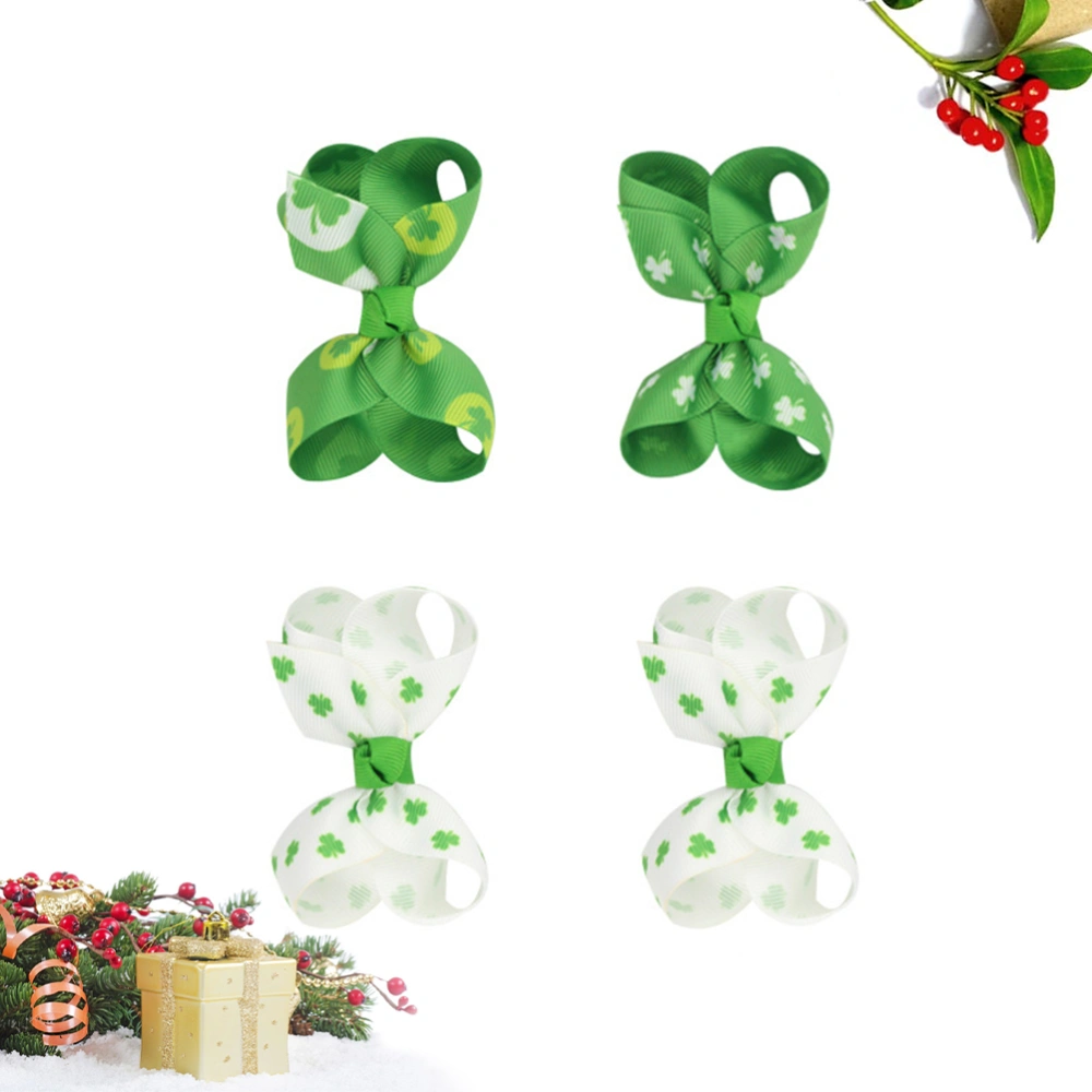 4pcs Grosgrain Ribbon Hair Bowknot Clip Delicate Bobby Pin Clover Barrettes Styling Kids Headdress Accessories for St. Patricks Day(Random Pattern)