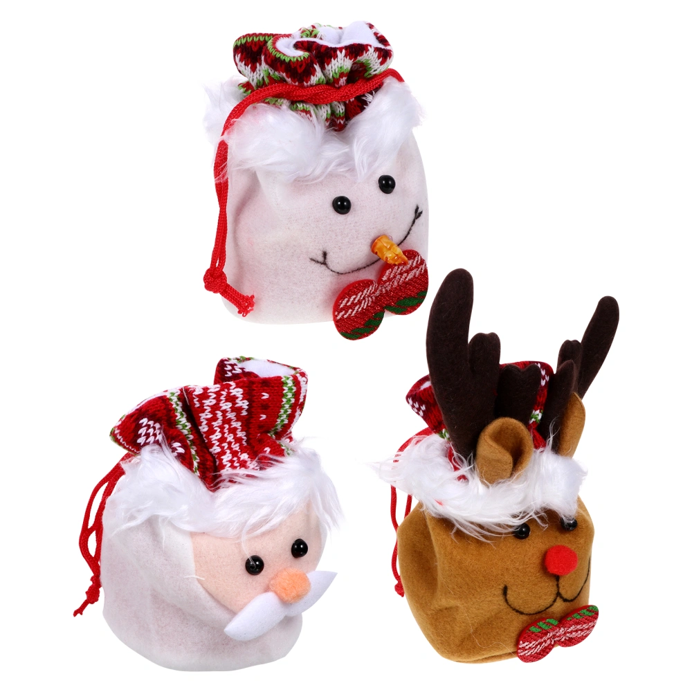 3Pcs Christmas Drawstring Candy Gift Bags Creative Santa Elk Snowman Treat Pouch