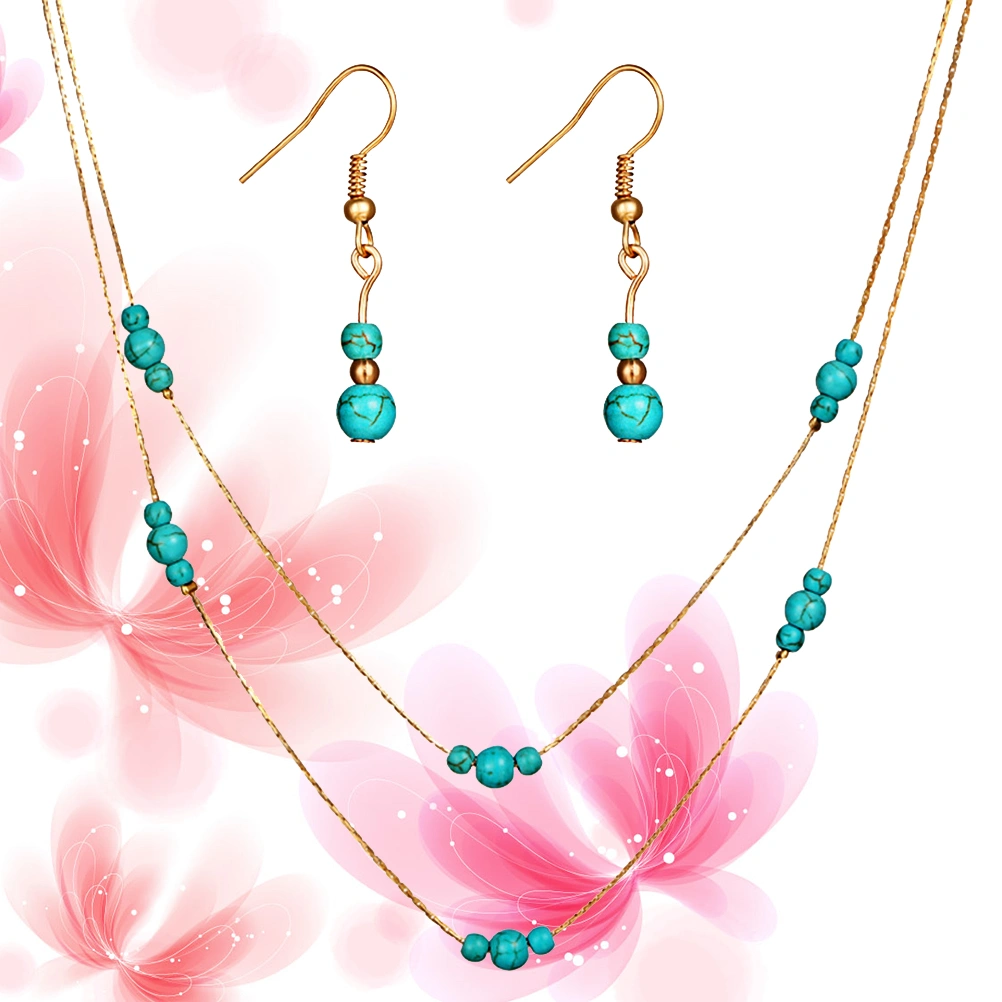 Turquoise Earrings and Necklace Set Fashionable Double-layered Pendant Necklace Women