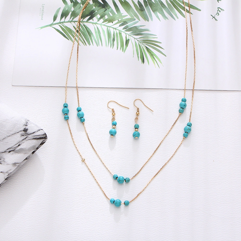 Turquoise Earrings and Necklace Set Fashionable Double-layered Pendant Necklace Women