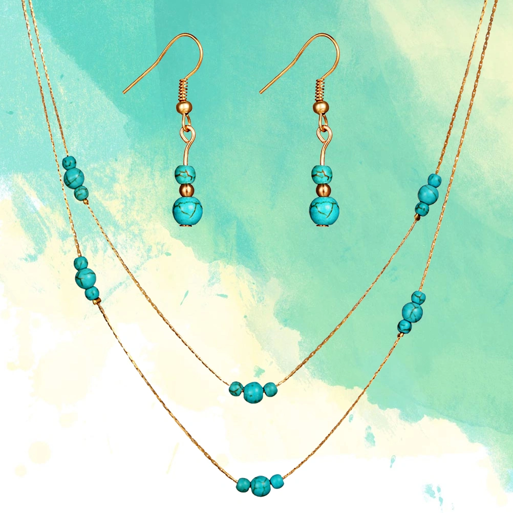 Turquoise Earrings and Necklace Set Fashionable Double-layered Pendant Necklace Women