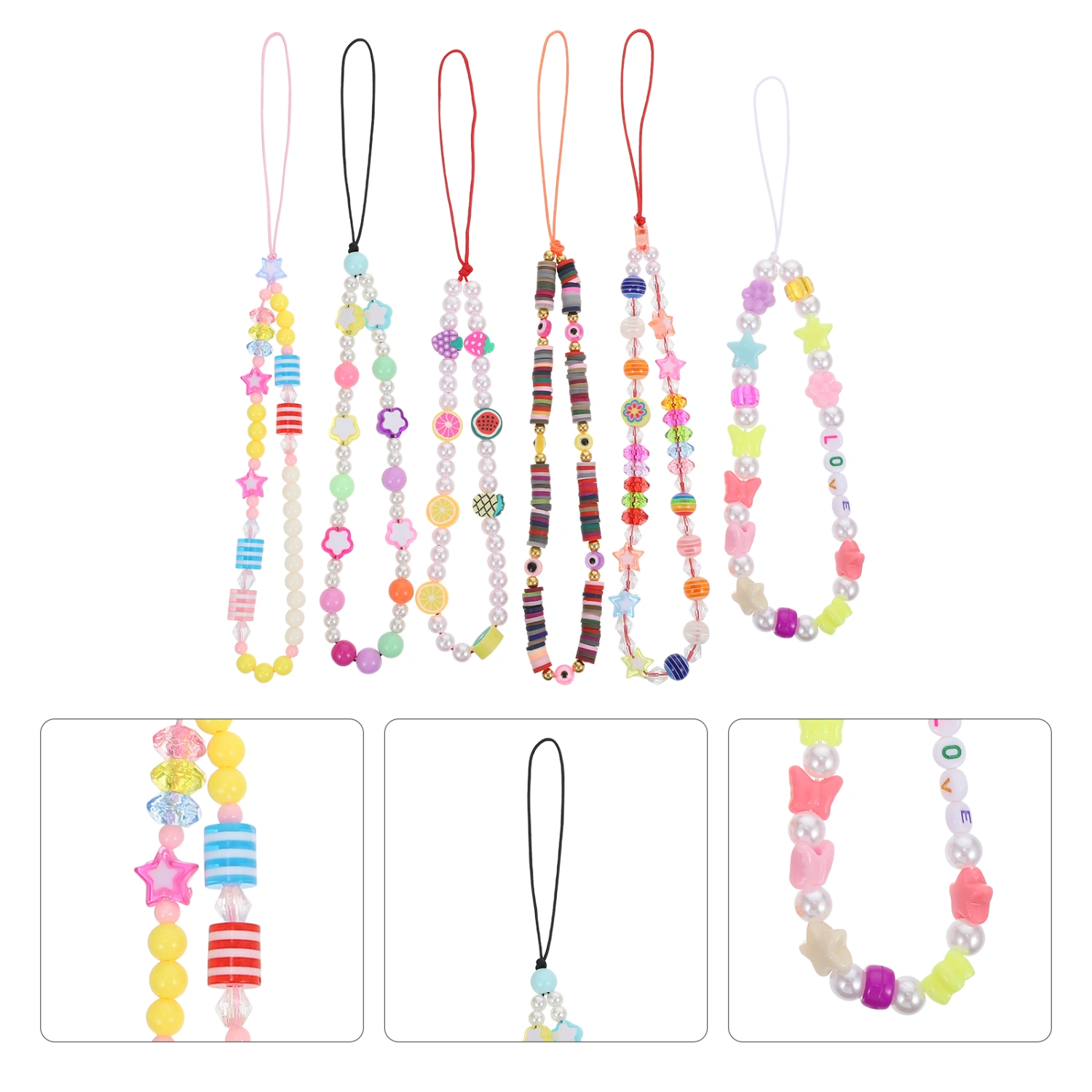 6pcs Acrylic Short Mobile Phone Chains Anti-lost Wrist Phone Chains Flower Chains
