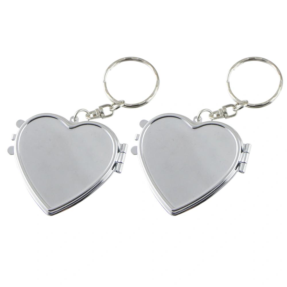 2pcs Mini Round Shape Mirror Keychain Double-side Compact Makeup Mirror Keychain Foldable Key Pendant (Silver, Heart Shape)