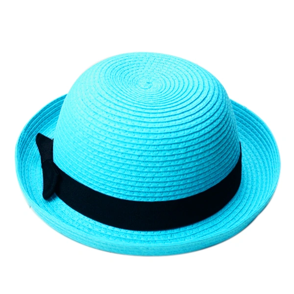 Fashion Women's Girls Bowknot Roll-up Wide Brim Dome Straw Summer Sun Hat Bowler Beach (Sky-blue)