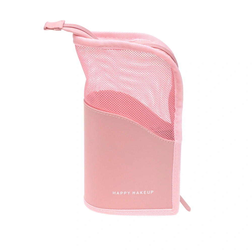 Mesh Translucent Cosmetic Brush Pouch Standing Pen Case Zippered Pencil Storage Bag Organizer (Pink)