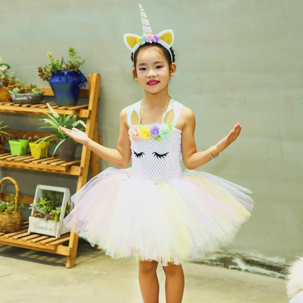 Rainbow Unicorn Tulle Tutu Dress Baby Girl Birthday Pageant Party Performance Costume Dresses Size XL (Beige, No Headband)