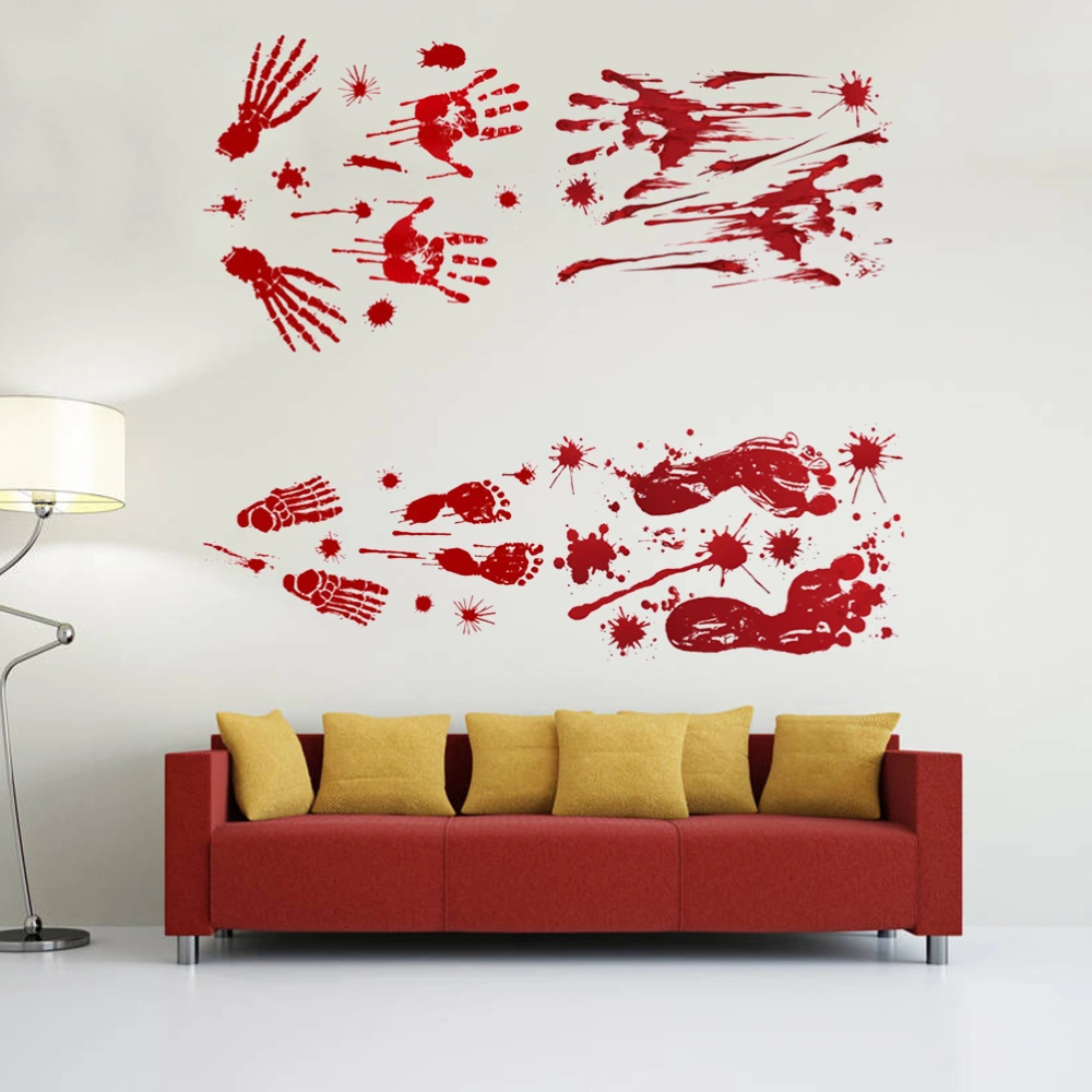 4 Pcs 45x30cm Red Blood Hand-print & Foot Halloween Scary Wall Pastes Wall PVC Stickers Terror Door Pastes Halloween Posters - Free Collage (Random Patterns)