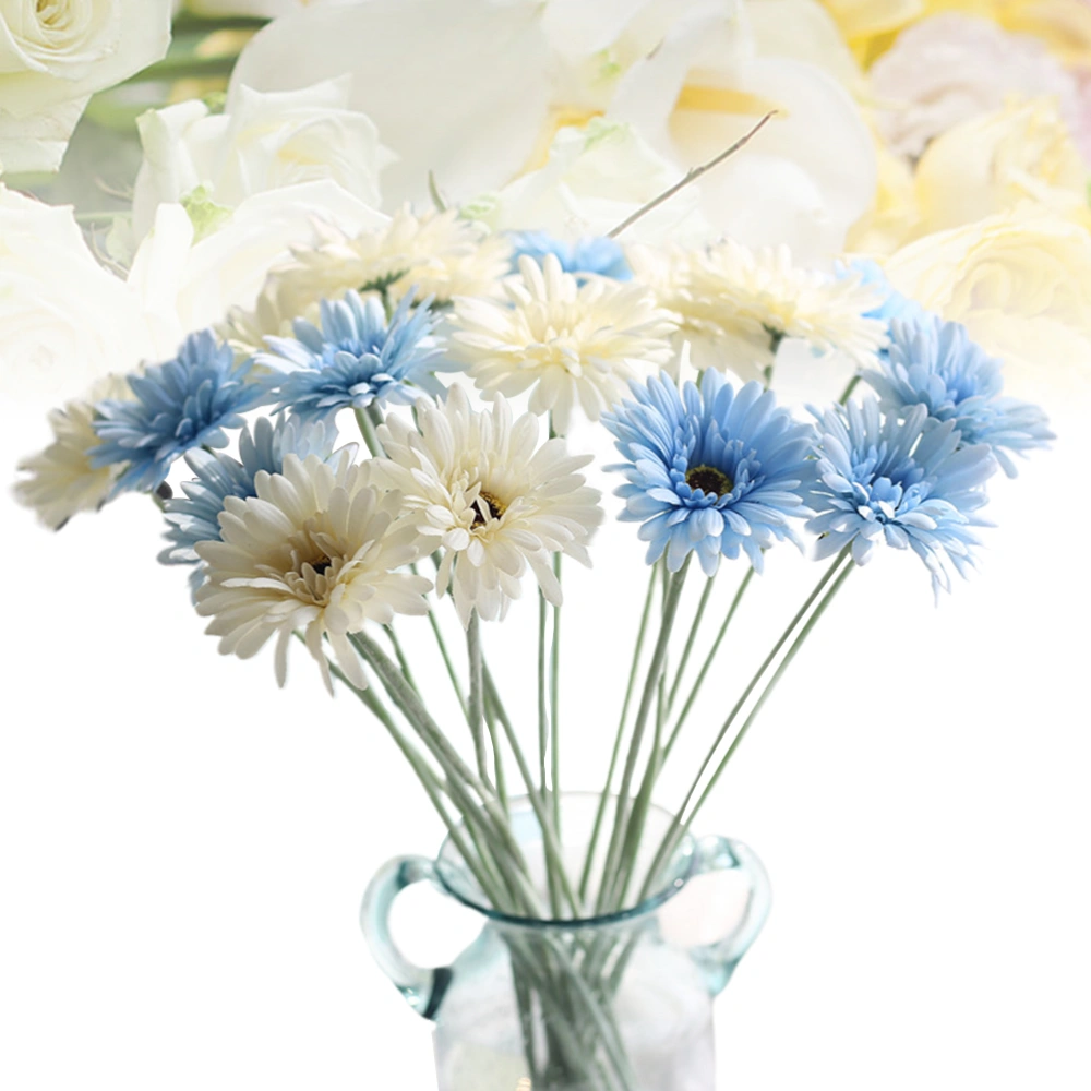 10Pcs Imitation African Daisy Flowers Bouquet European Style Artificial Gerbera Flowers Simulation Flower Adornments Home Wedding Decoration (Blue and Milk White 5 Each)