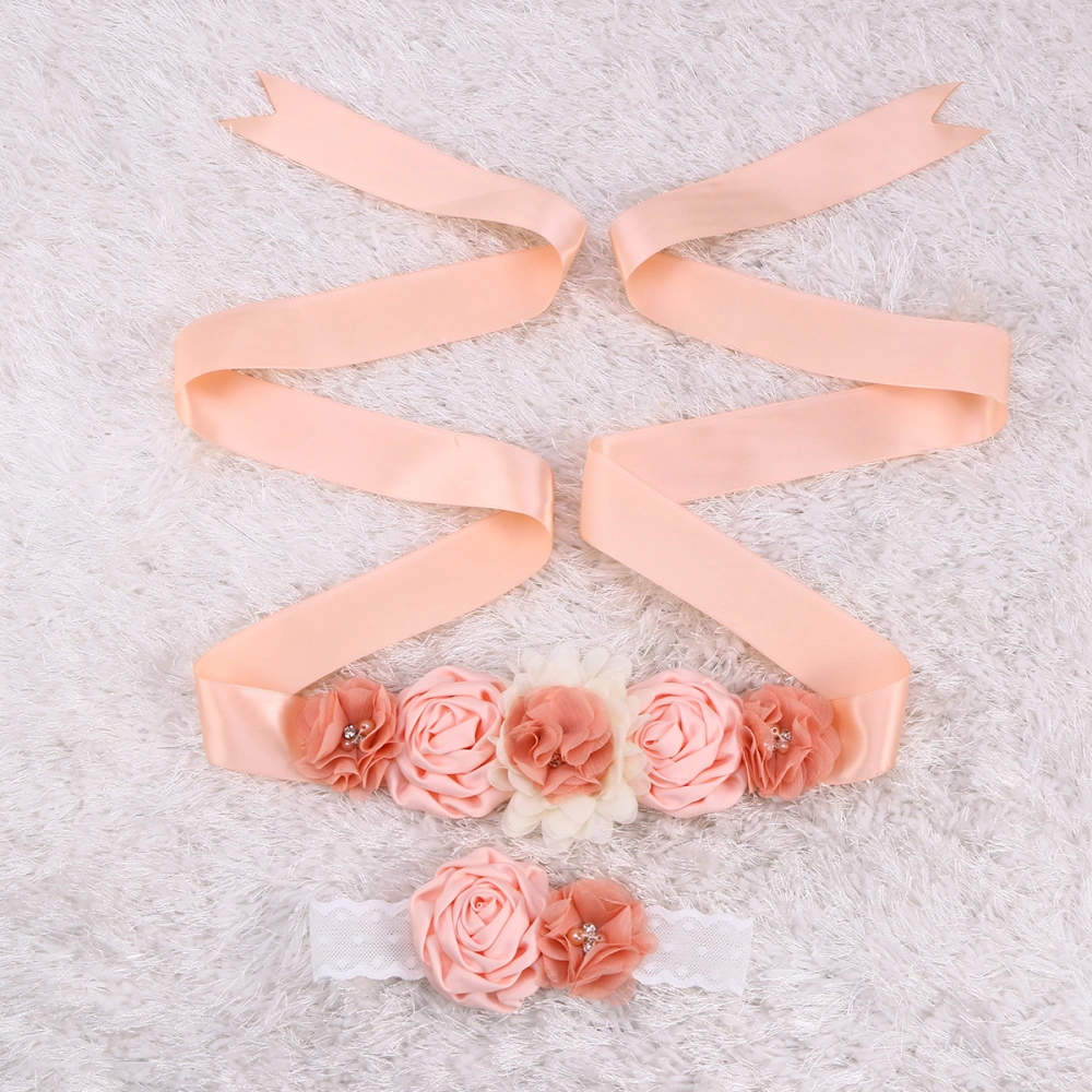 2pcs Flower Girl Sash Belt Headband Set Flower Rhinestone Pearl Satin Ribbon Belly Band for Wedding Evening Dress (As shown)