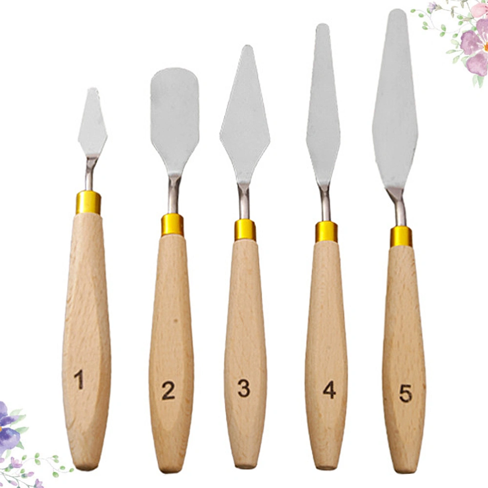 5 Pcs Painting Stainless Steel Spatula Wood Handle Oil Paint Metal Knives Accessories (Beige)