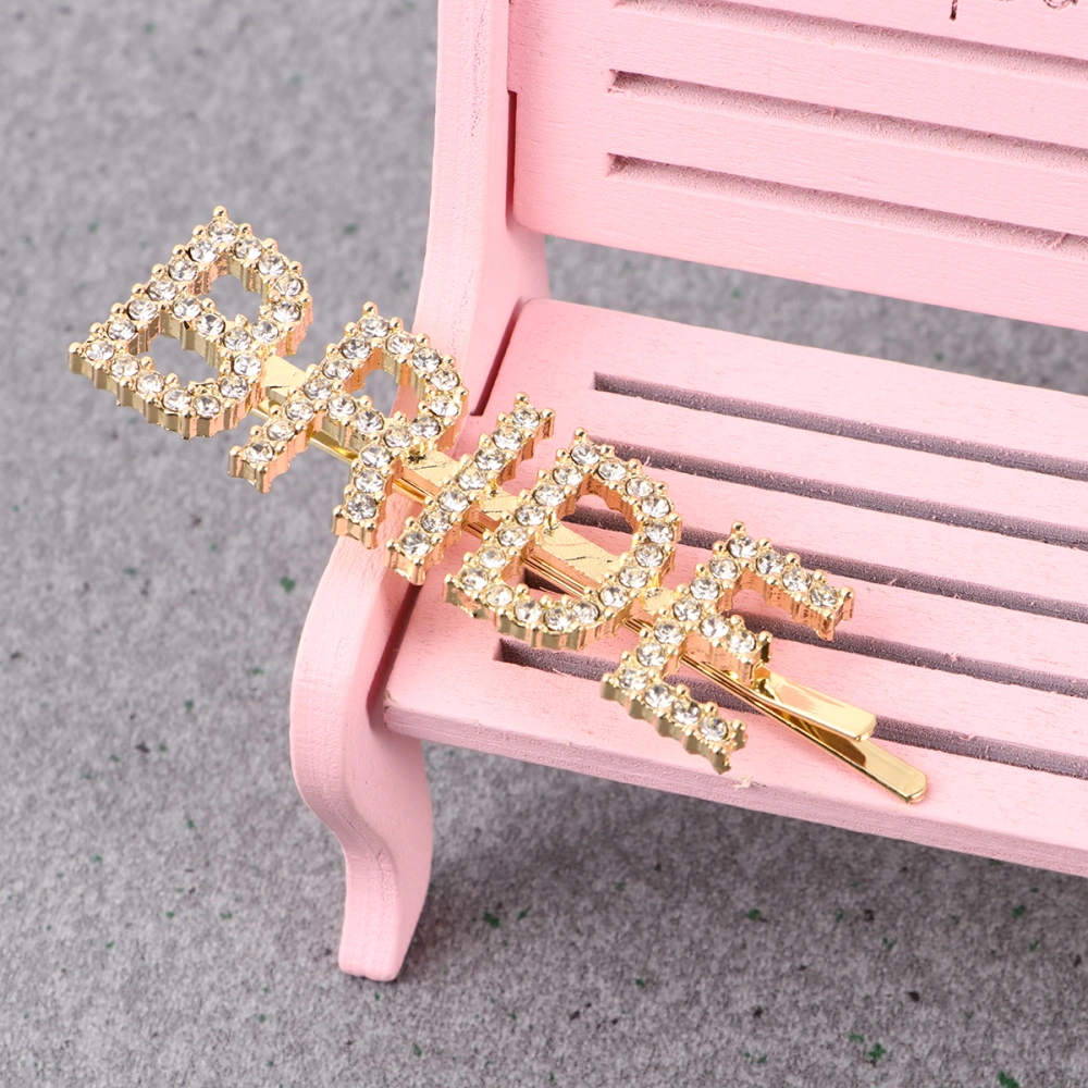 2pcs BRIDE Words Hair Clips Rhinestone Hair Pin Bright Elegant Bobby Pin Bang Hair Clips (Golden)