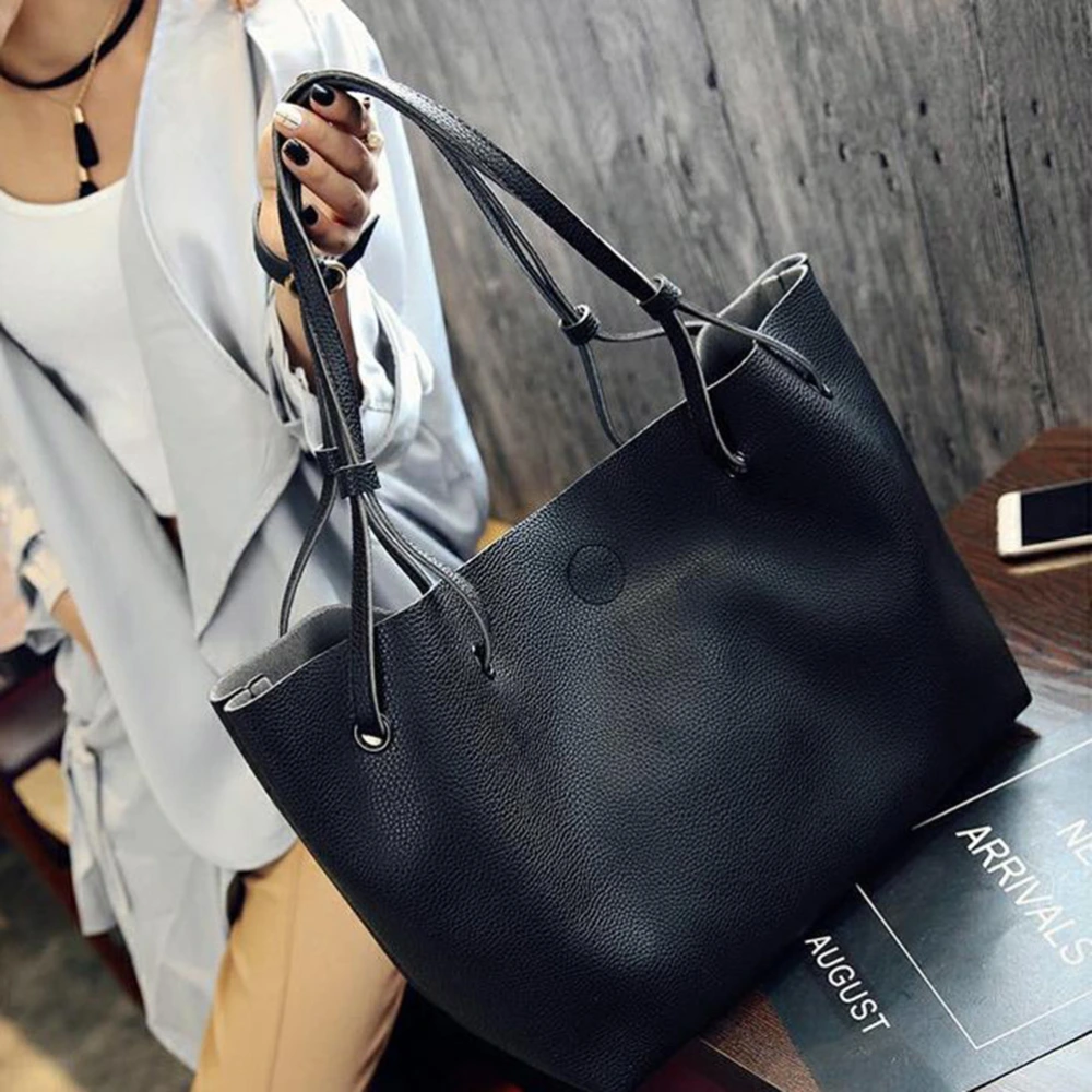 Women's Casual Handbag Large Tote Bag Retro PU Leather Shoulder Bag with Small Cosmetic Bag (Black)