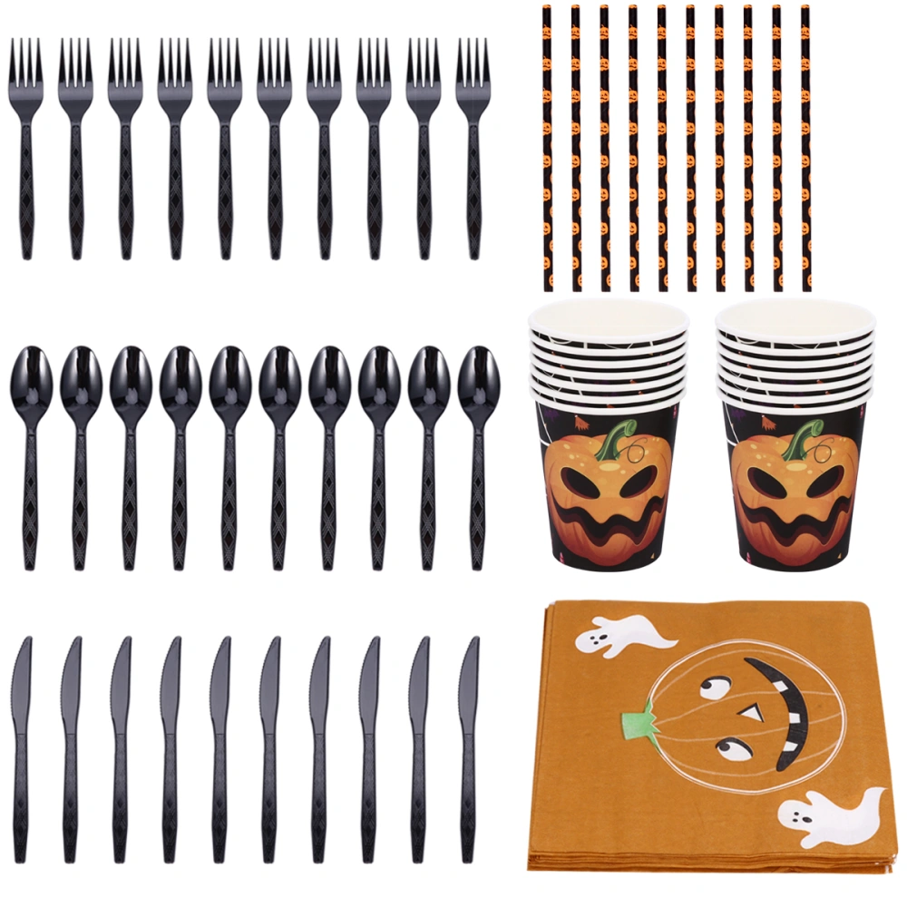 1 Set Halloween Party Supplies Plate Straw Cutlery Cups Fork Spoon Tableware