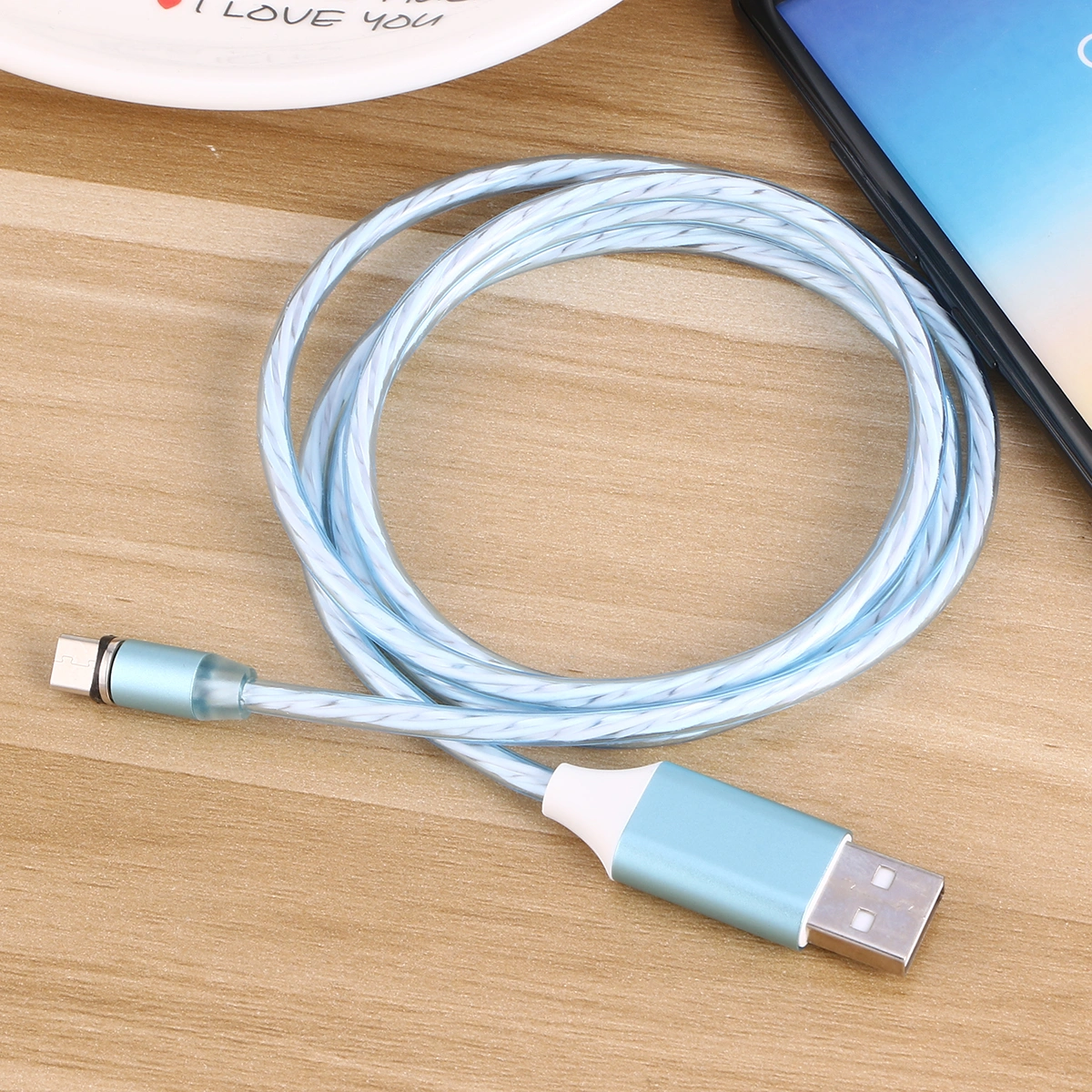 1m Magnetic Charger Cable Rounded Luminous Data Sync Wire Luminescent Cable for Android Blue