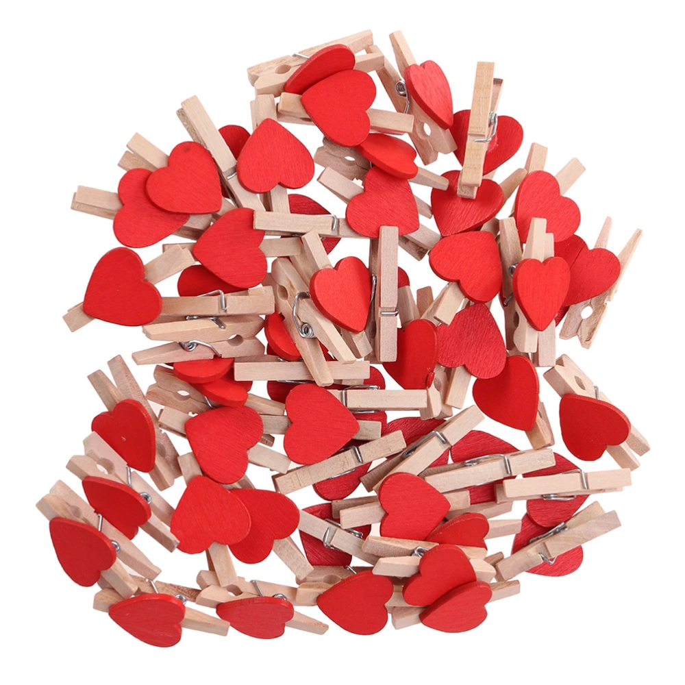 100Pcs Decorative Paper Clips Colorful Wooden Craft Clamp Love Shaped Photo Holder for Home Party(Red)