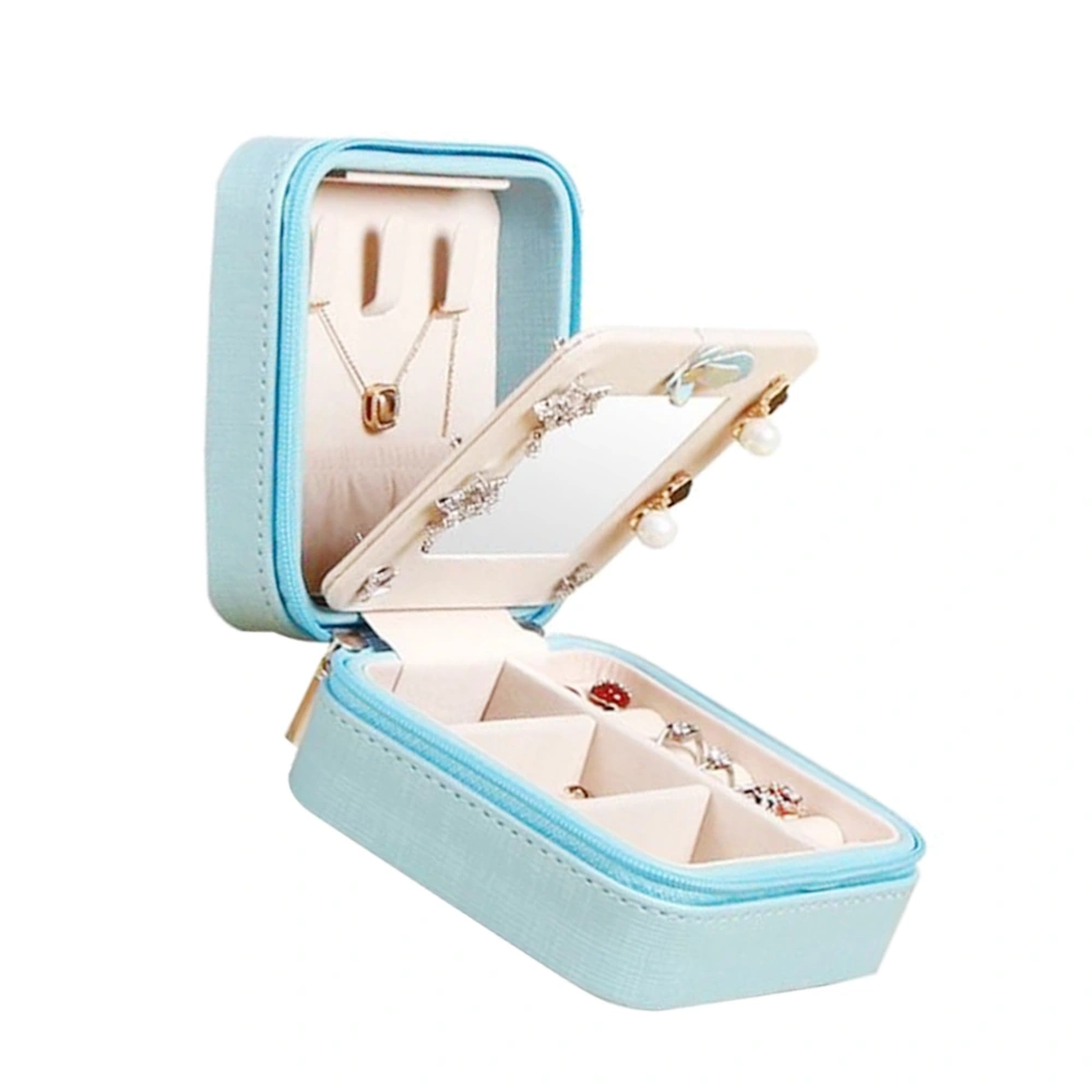 Portable Small Jewelry Storage Box PU Leather Jewel Case Jewellery Organizer for Rings Earrings Necklace (with Mirror, Blue)