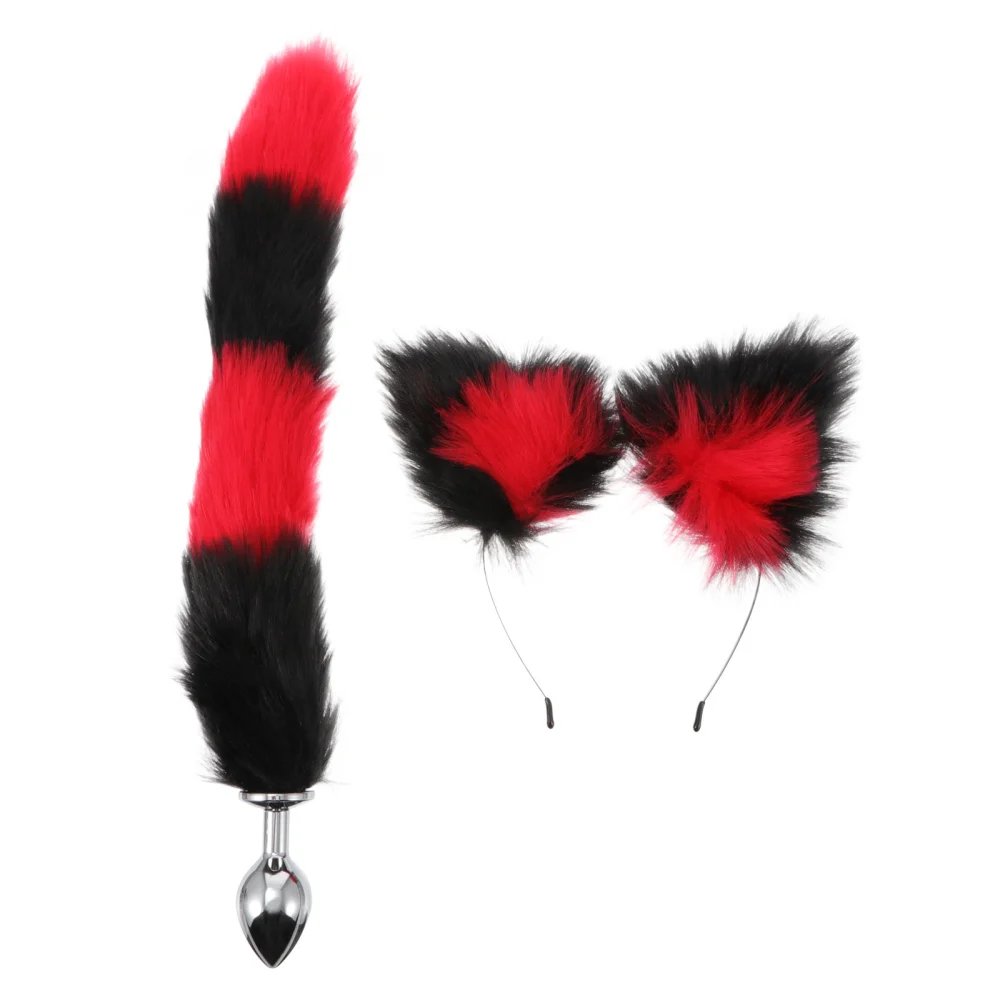 2pcs Women Fashion Sexy Fur Plush Tail Plug Ears Headband Accessories Set