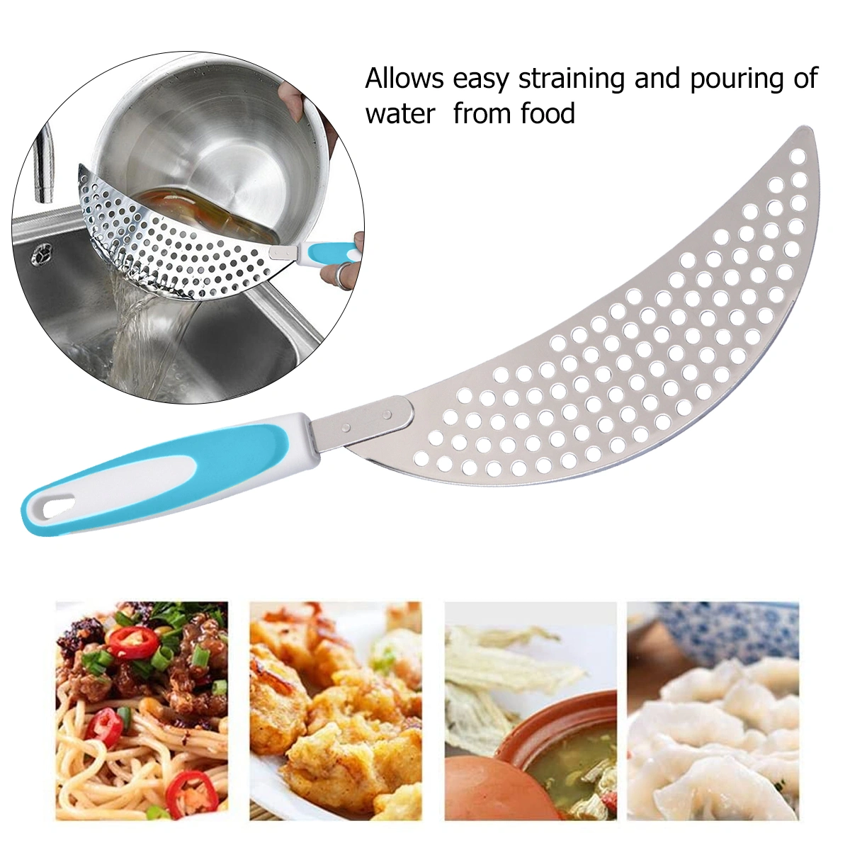 1PC Stainless Steel Spaghetti Pasta Strainer Plastic Handle Pan Pot Drainer Practical Draining Kitchen Tool (Blue)