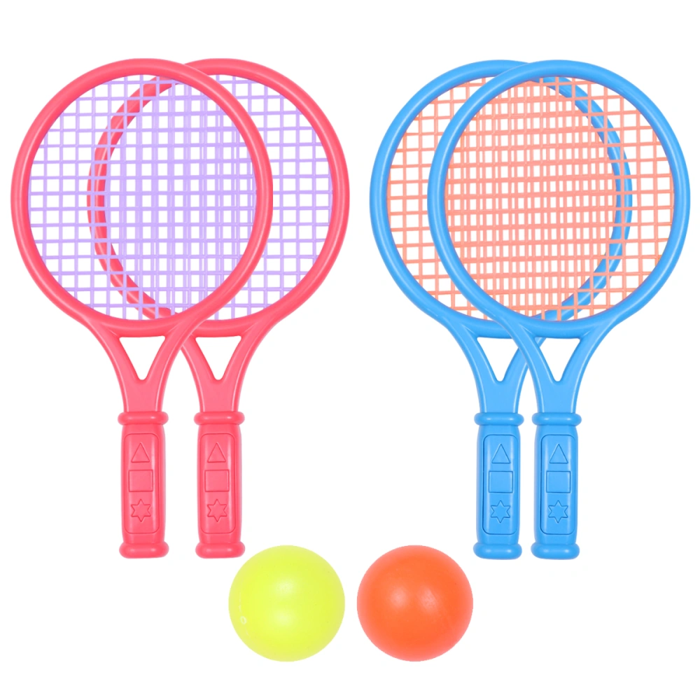 2 Sets Small Size Childrens Tennis Racket Set Kindergarten Leisure Plastic Tennis Racket with 4pcs Tennis Balls for Boys Girls (Red + Blue)