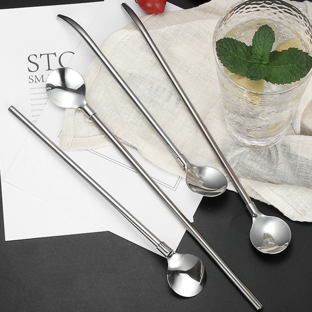 5pcs 8.2 Inches Stainless Steel Straw Spoon Set Creative Drinking Spoons for Coffee Cocktail (Short Straight Spoon + 6cm Tube Brush)