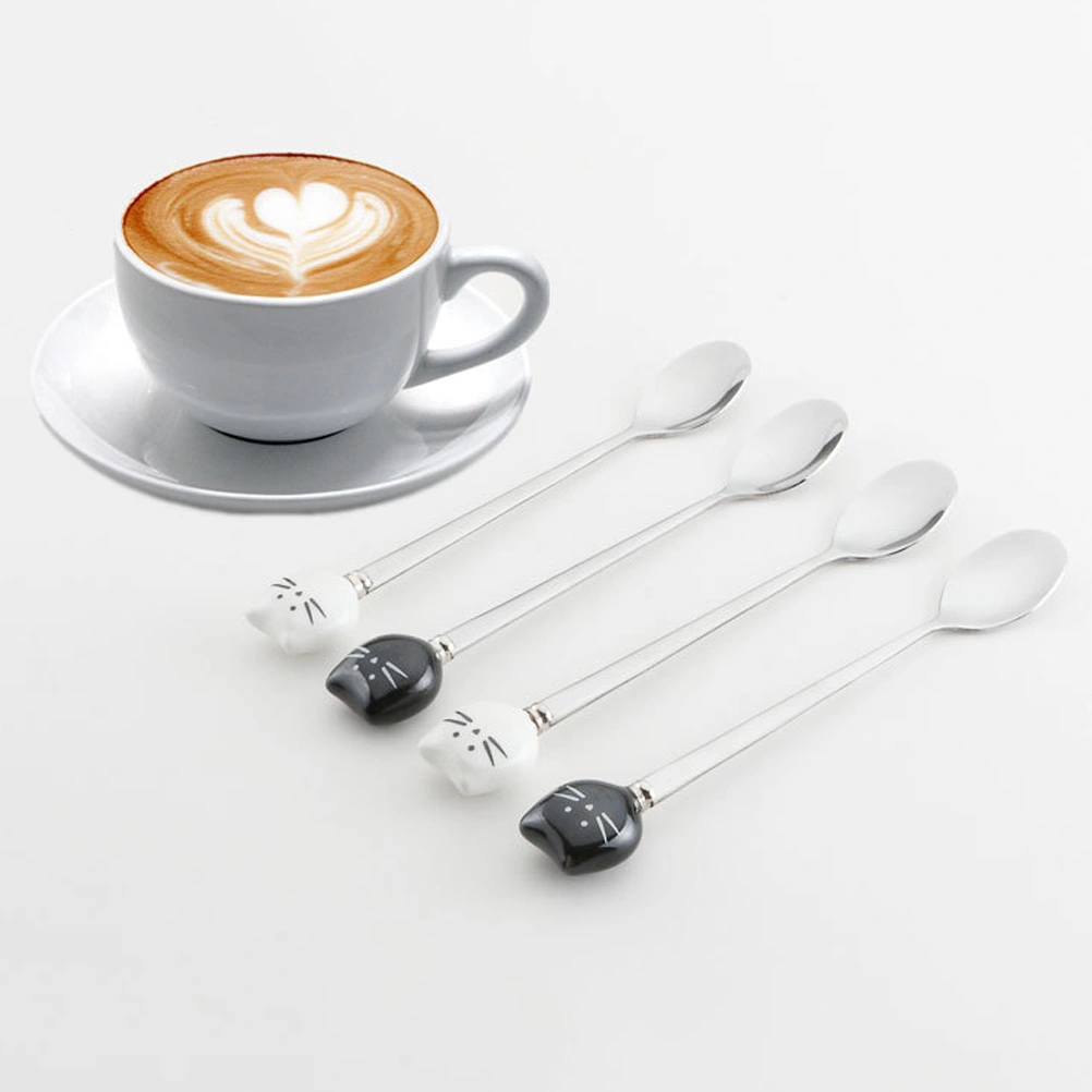 2 Pcs Ceramic and Stainless Steel Small Spoons Cartoon Kitty Coffee Milk Tea Stirring Spoon (White Kitty and Black Kitty)