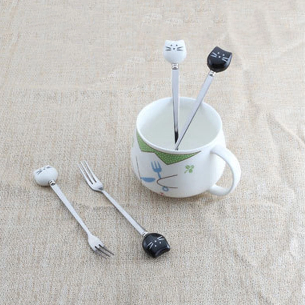 2 Pcs Ceramic and Stainless Steel Small Spoons Cartoon Kitty Coffee Milk Tea Stirring Spoon (White Kitty and Black Kitty)