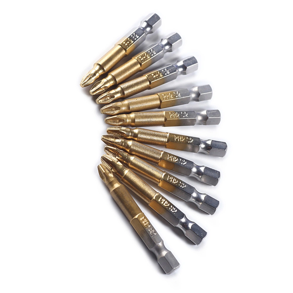 10 pcs 50mm Long Titanium Coated Hex PH2 Magnetic Screwdriver Bit Set