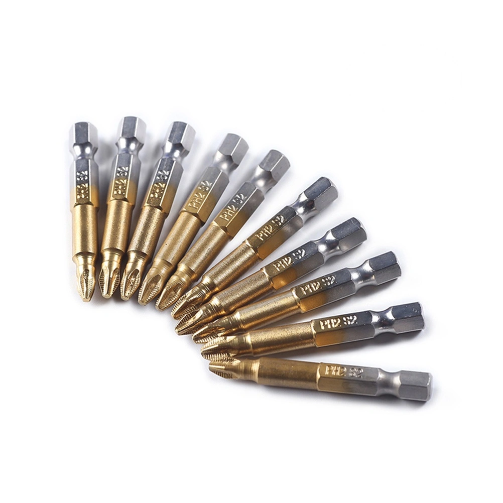 10 pcs 50mm Long Titanium Coated Hex PH2 Magnetic Screwdriver Bit Set