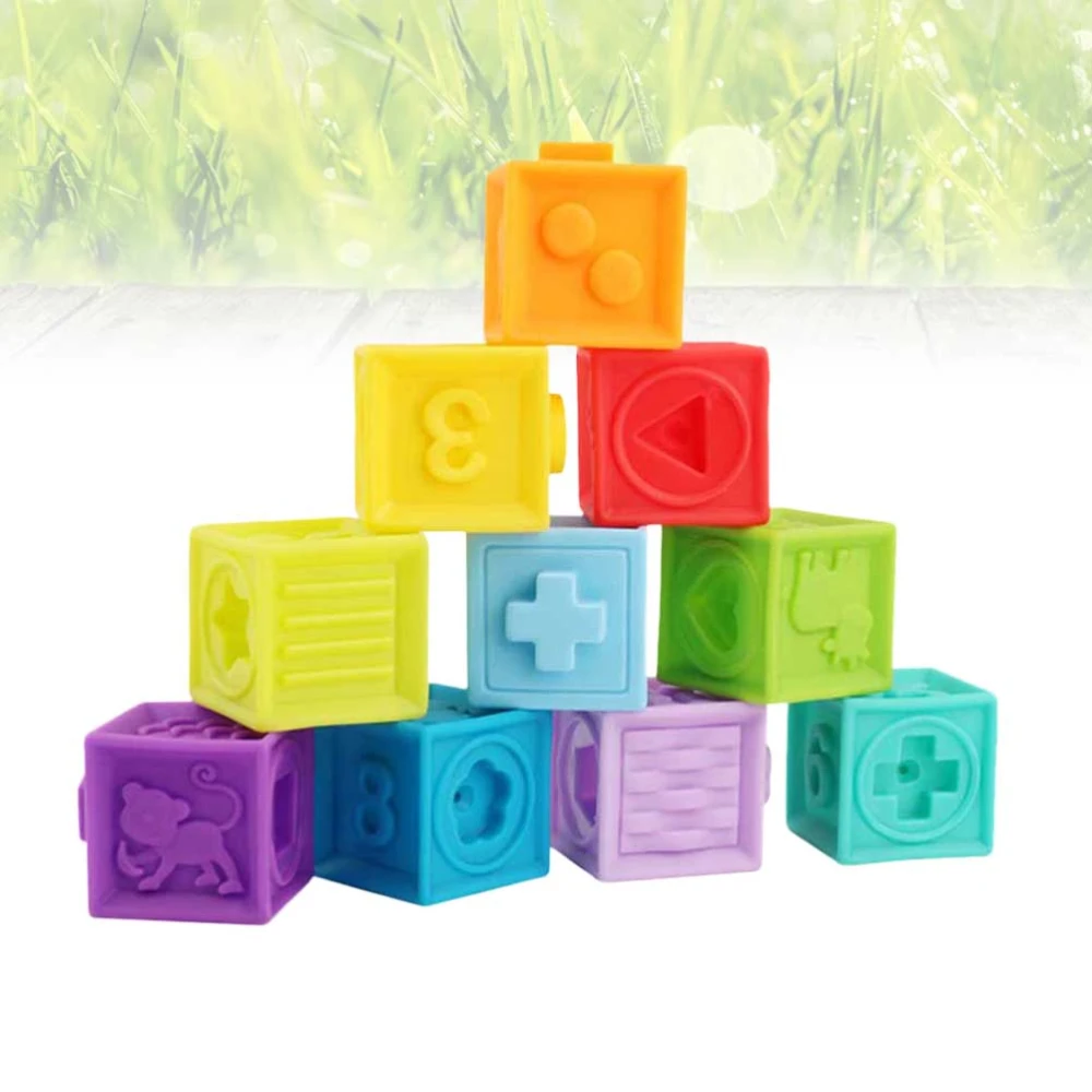 10pcs Emboss Silicone Cloth Building Blocks Educational Grab and Stack Cubes Early Learning Toys for Baby Toddler