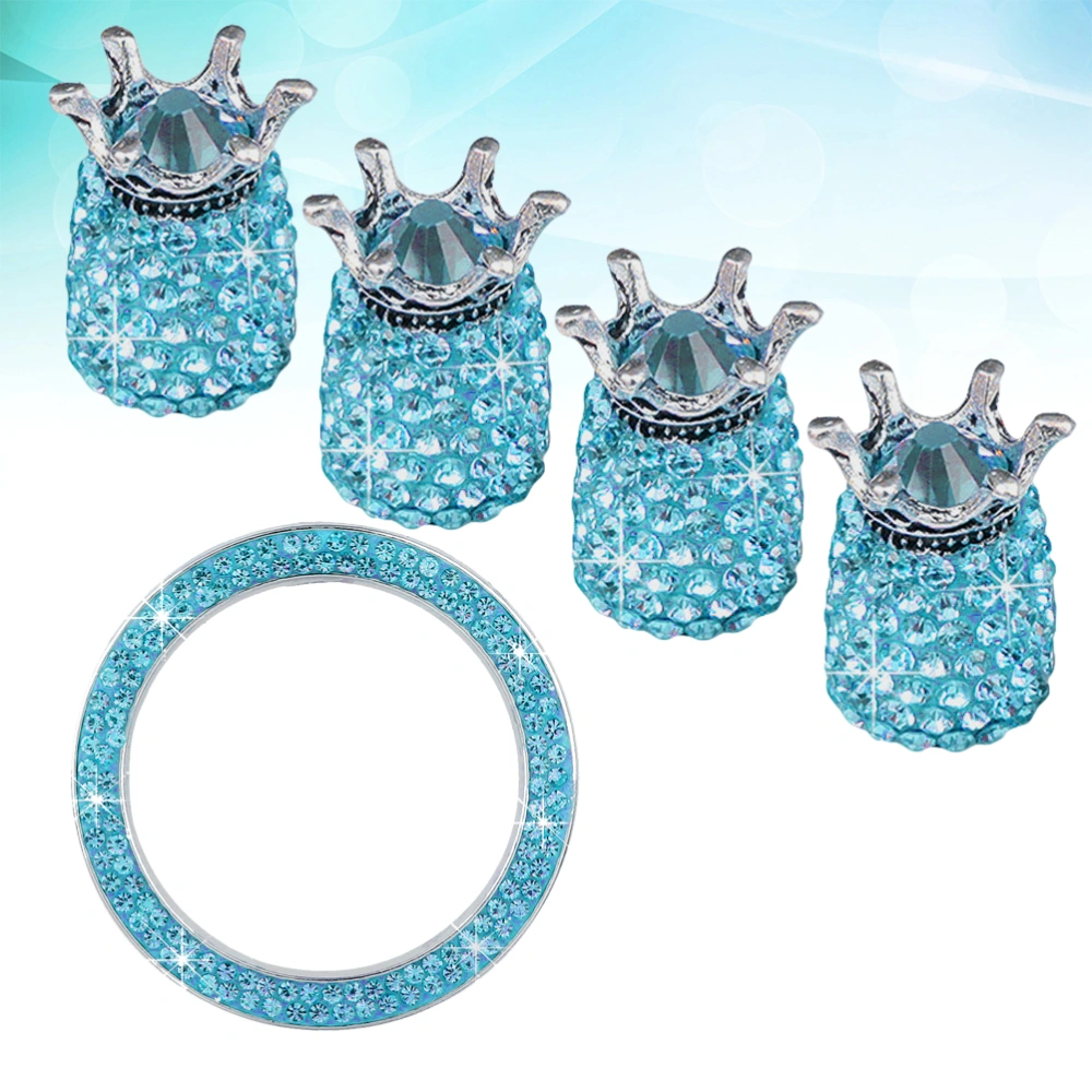 5PCS/Set Universal Crown Shape Rhinestone Car Start Key Tire Dust Caps Decoration Auto Stem Caps Ignition Button Ring (Sky-blue)