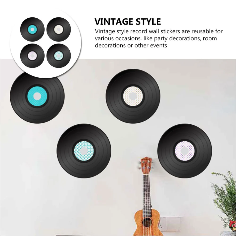 4pcs Vinyl Record Shape Stickers Blank Vinyl Records Vintage Fake Records Decorations Wall Stickers