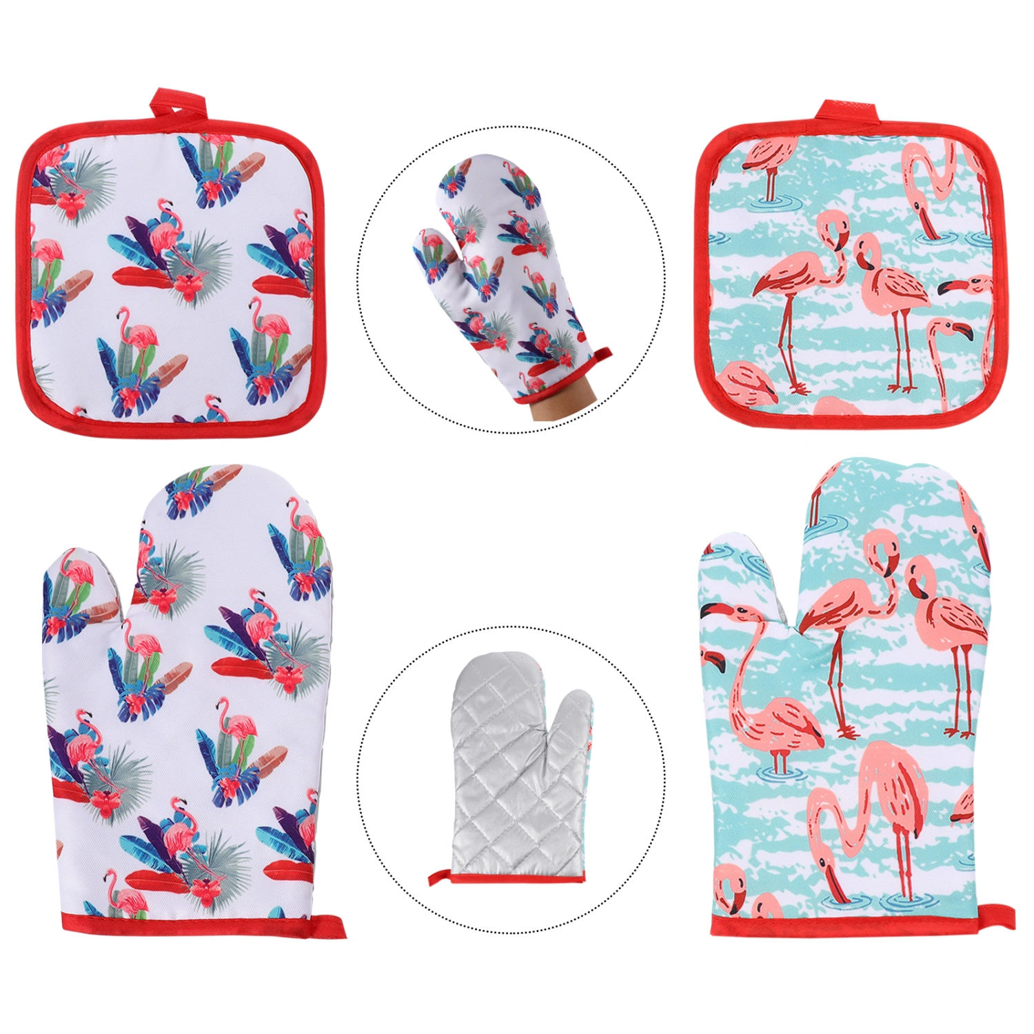 4pcs Flamingo Pattern Microwave Glove Mat Set Baking Anti-Hot Gloves Baking Mat