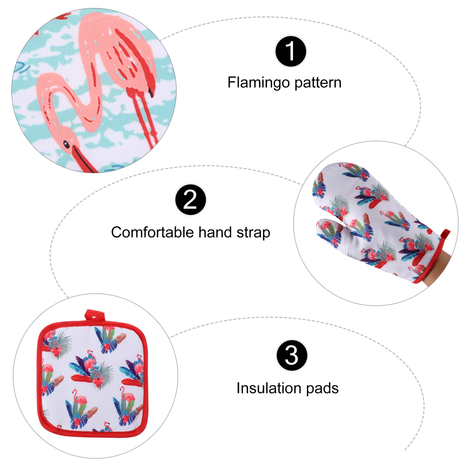 4pcs Flamingo Pattern Microwave Glove Mat Set Baking Anti-Hot Gloves Baking Mat