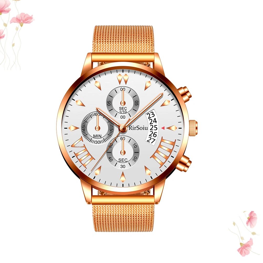 Mens Watches Waterproof Fashion Five Calendar Watch Three-eye Quartz Watch (Rose Gold)