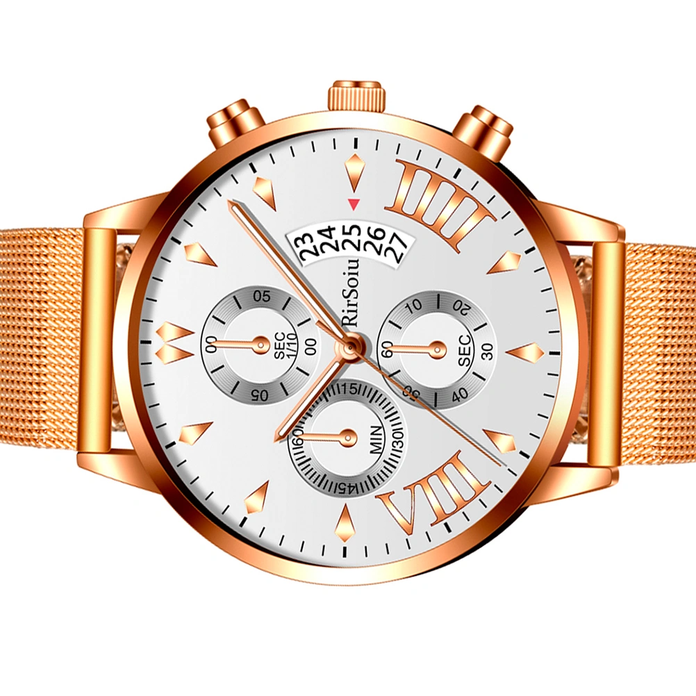 Mens Watches Waterproof Fashion Five Calendar Watch Three-eye Quartz Watch (Rose Gold)