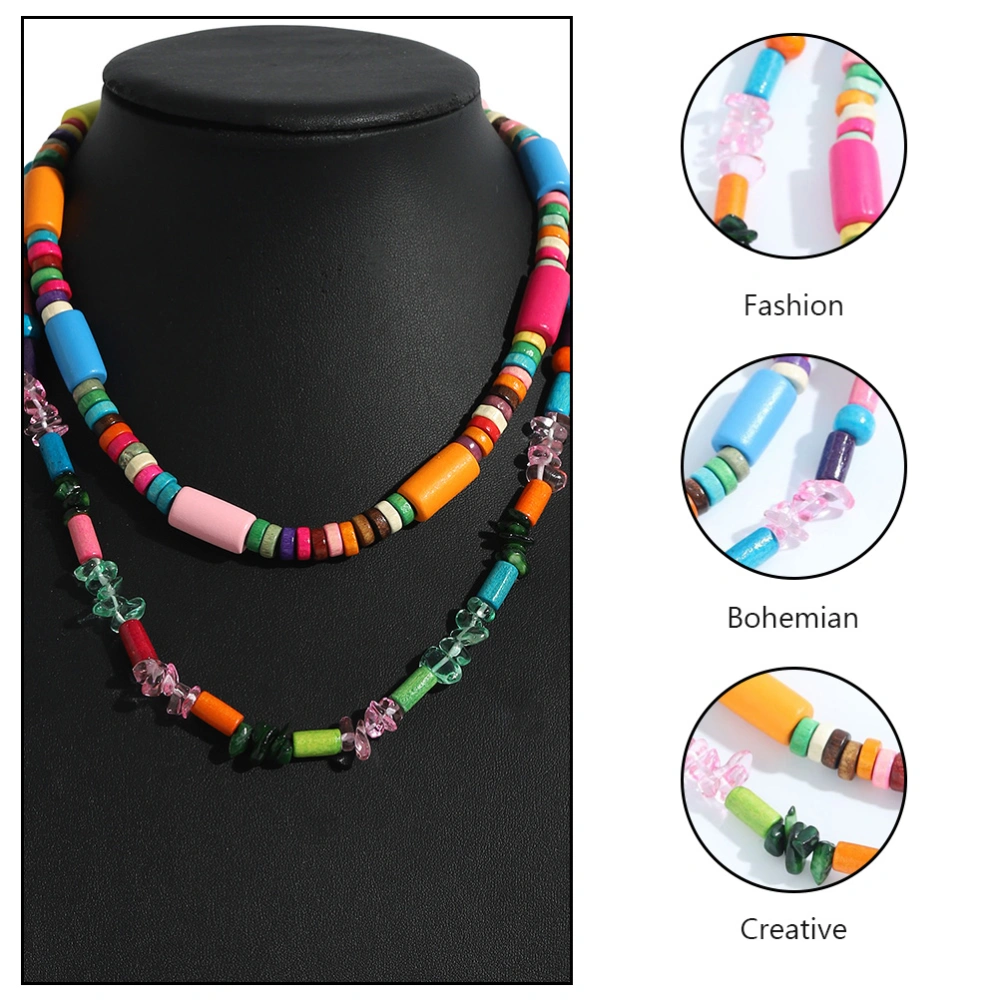 2Pcs Decorative Necklace Ethnic Style Collarbone Chains Wooden Beads Necklace