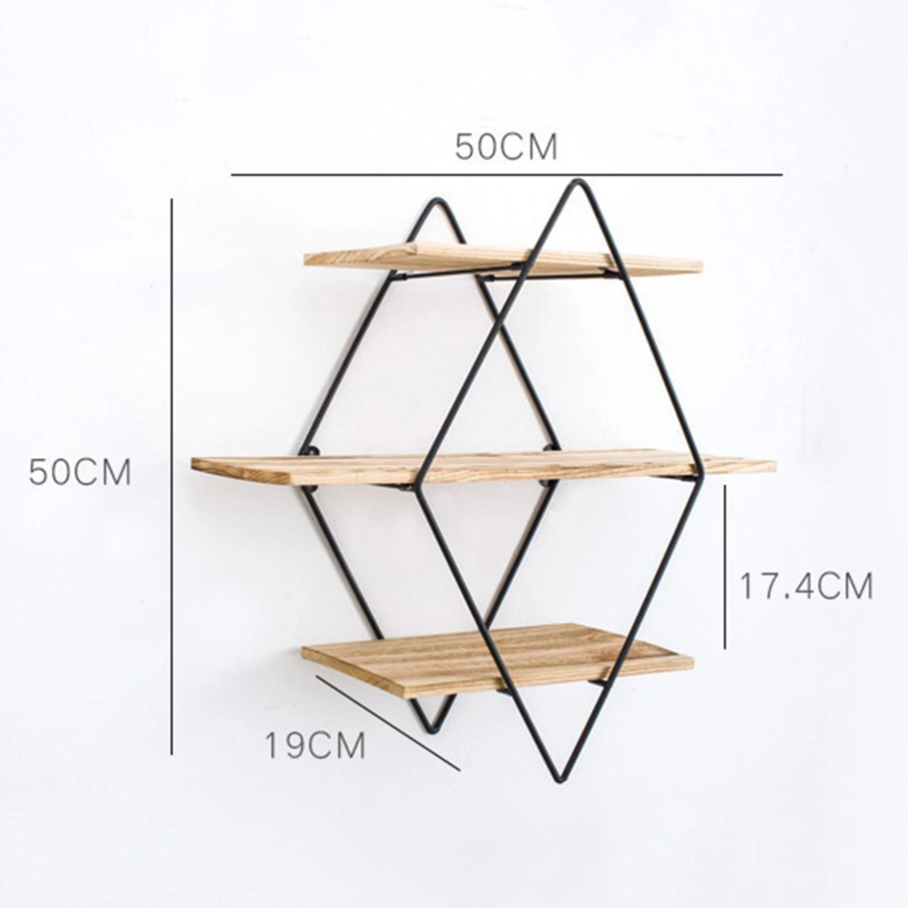 Wrought Iron Rhomboid Storage Rack Wooden Hanging Shelf Wall-mounted Organizer for Bedroom Living Room