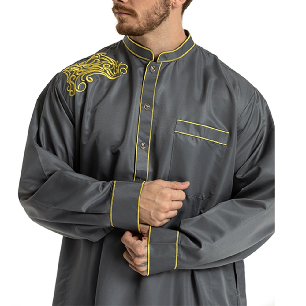 Islamic Thobe Stand Collar Embroidery Long Sleeve Middle Eastern Arab Muslim Wear Robe Clothes for Men Size XXXL (Grey)