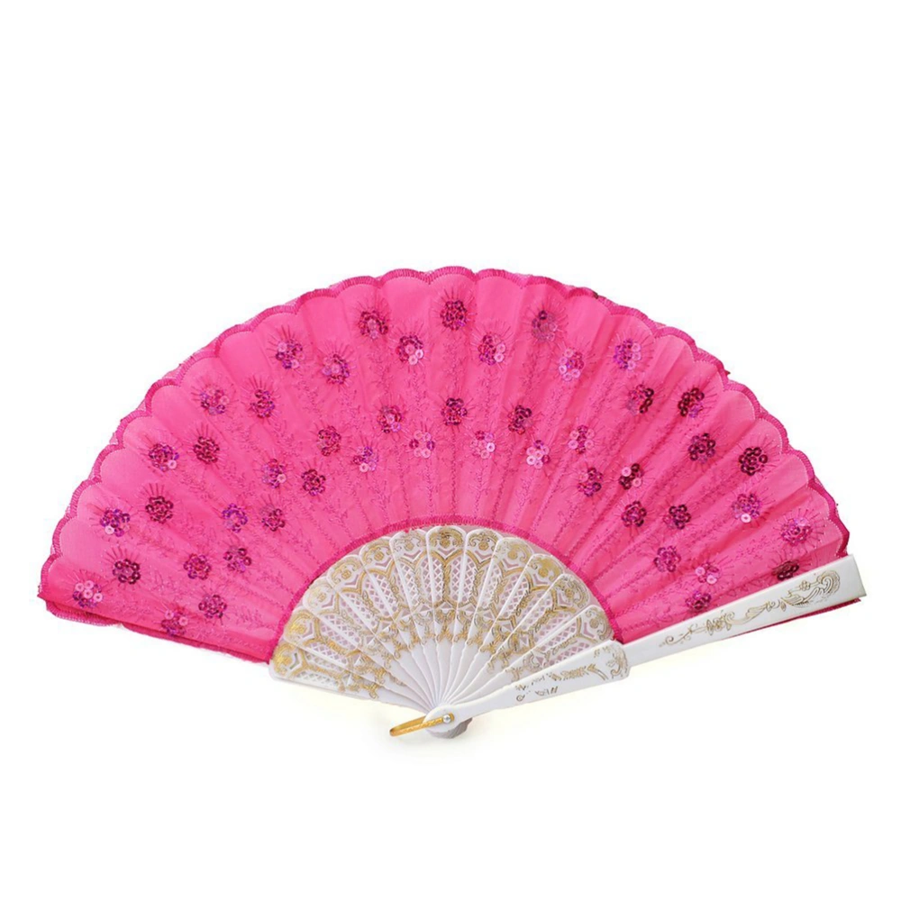 Women Sequin Decorated Folding Plastic Hand Fan Dance Fan (Rosy)