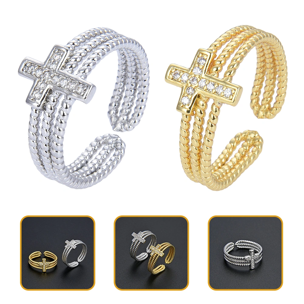2pcs Rhinestone Cross Rings Adjustable Open Rings Finger Rings for Women