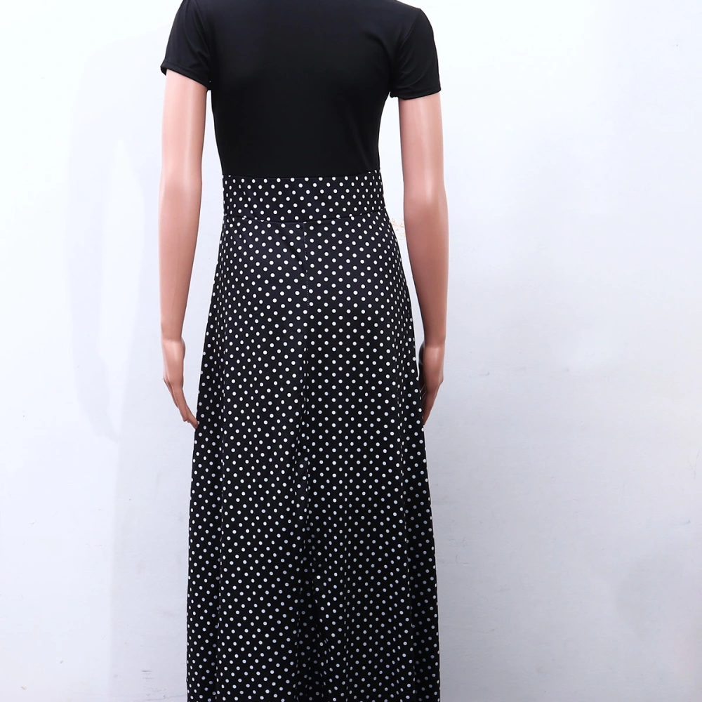 1PC Dot Patchwork Long Dress Women Casual Short Sleeve Party Dress Elegant Neck Ladies Maxi Dress Black Size S