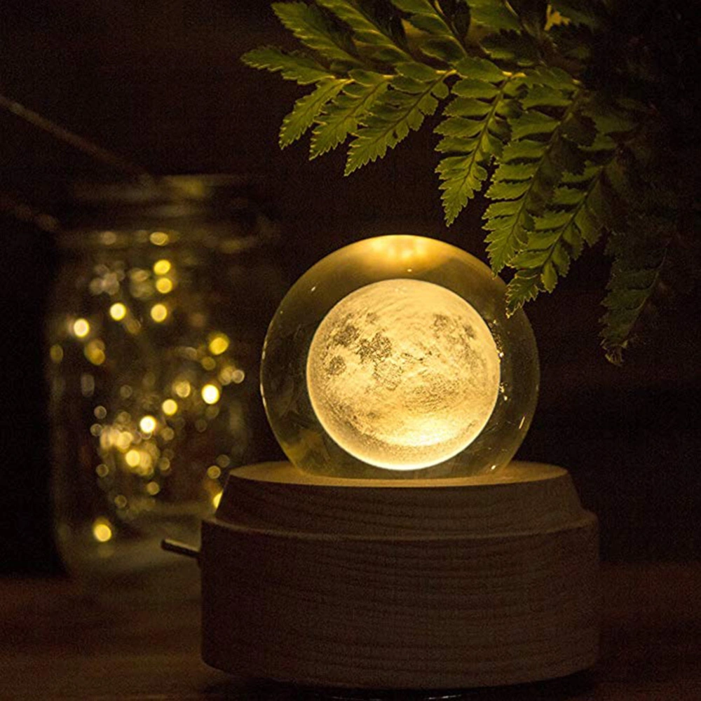 3D Moon Crystal Ball Clear Planet Educational Ball Cosmic Model Engraved Glass Ball Sphere for Home Living Room Office Decor